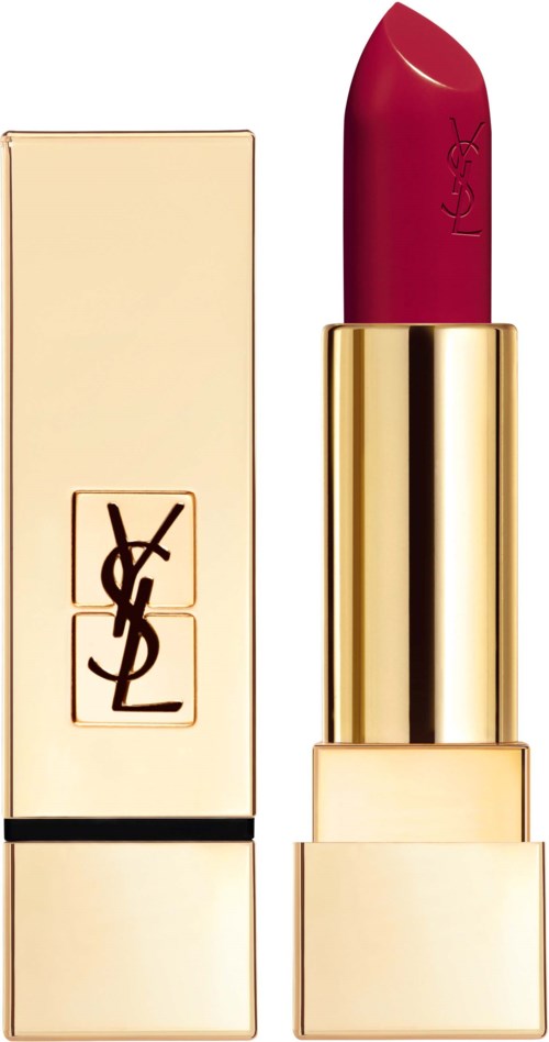 Ett rött läppstift i ett guldhölje och en beige box med YSL-logga. Elegant och lyxig design.