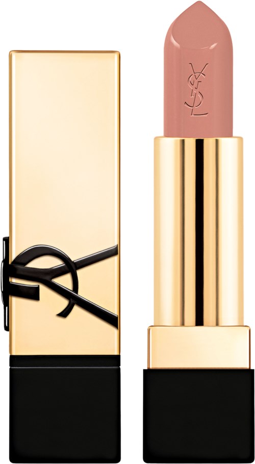 A beige lipstick in a gold and black case, with the Yves Saint Laurent logo on it.