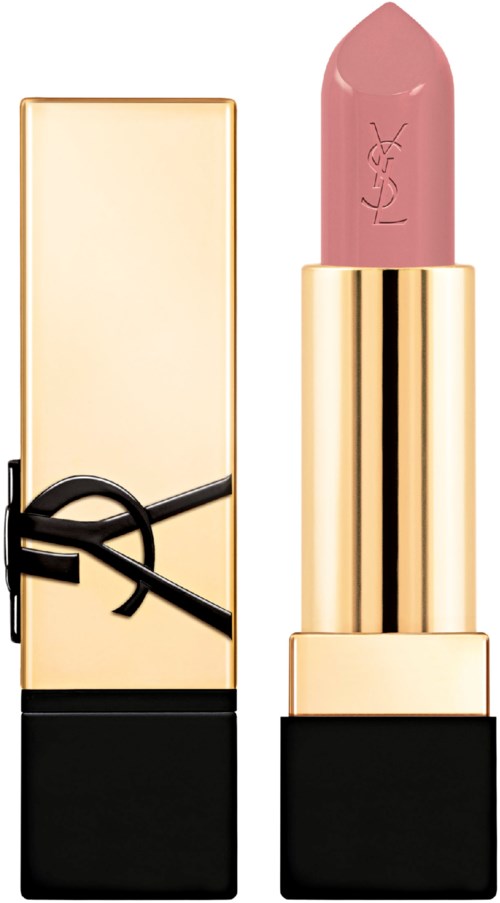 En YSL-läppstift med beige och guldförpackning och rosa läppstift. Läppstiftet är något öppet och visar färgen.
