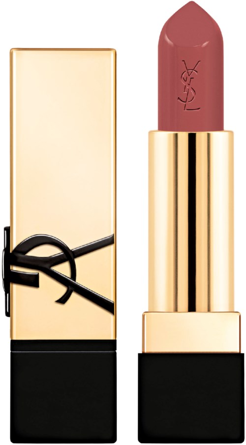 Ein YSL-Lippenstift mit goldener Hülse, geöffnet, zeigt rosa Lippenstift, neben einem passenden gold-schwarzen Etui.