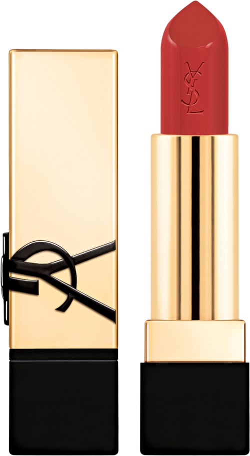 A gold and black lipstick case with the cap removed, revealing bright red lipstick. The lipstick has the brand Yves Saint Laurent written on it.