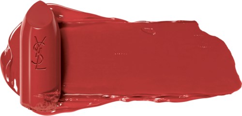 A red lipstick with the brand name 'L'Essence' on it, smudged on white background.