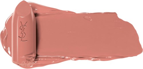 A beige lipstick is shown with a swatch of peachy pink color spread out.