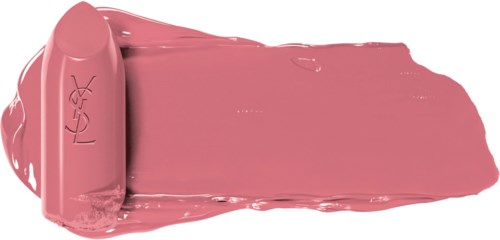 A pink lipstick has been swatched, showing its color on a white surface. The lipstick is branded YSL.