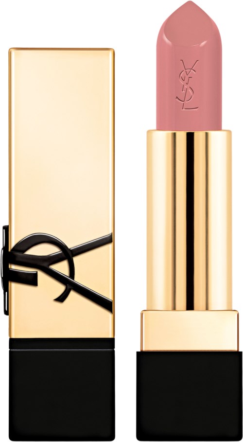 A pink lipstick in a gold tube with a black base, standing next to a gold and black rectangular case.