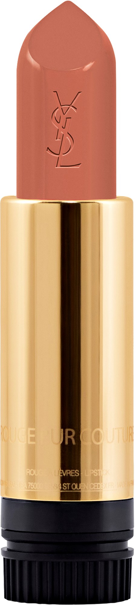Ein goldener und schwarzer Lippenstift mit einem hellrosa Lippenstift und YSL-Logo.