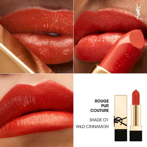 Nahaufnahme von Lippen mit rotem Lippenstift und Yves Saint Laurent-Logo, zeigt verschiedene Blickwinkel und Lippenstift.