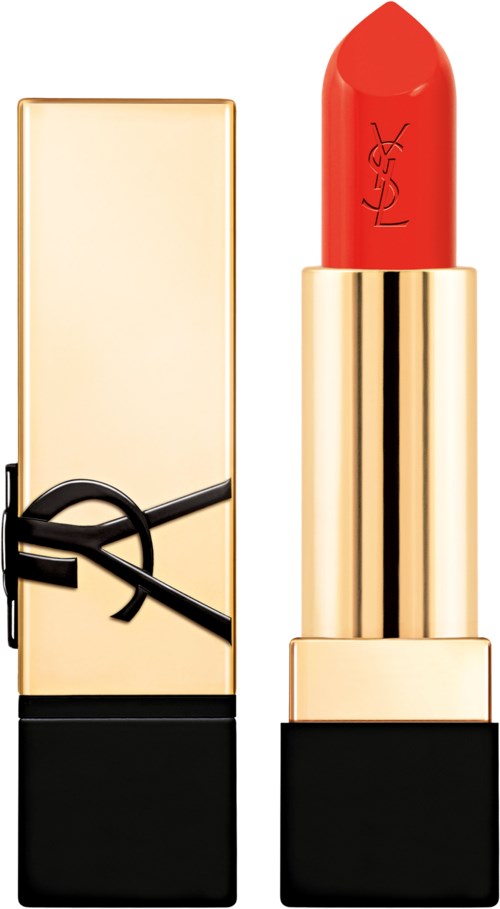A red lipstick in a gold and black case, with the YSL logo on it.