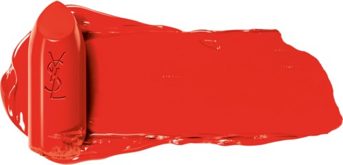 A red lipstick with the L'Oréal logo, spread out showing its creamy texture.