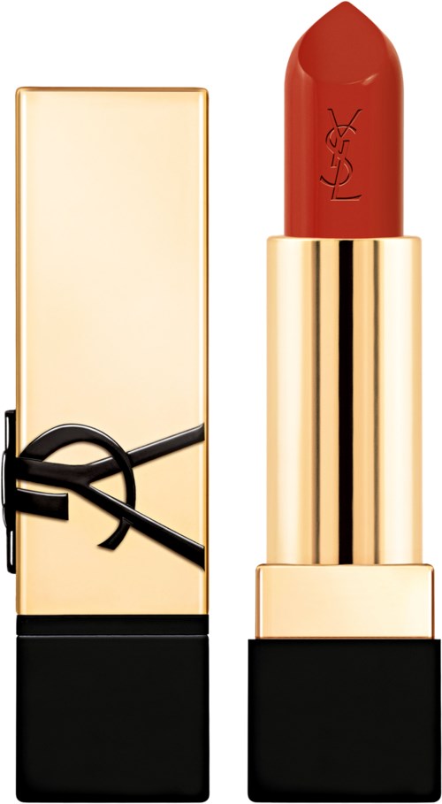 Ett rött läppstift med ett guld- och svart fodral, stående upprätt med locket bredvid.
