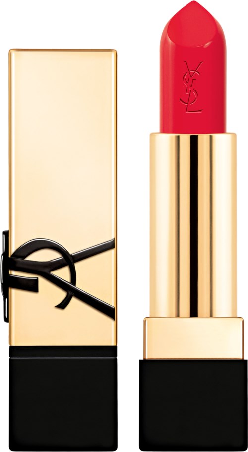 A red lipstick in a gold case with a black bottom, standing next to a beige box. The lipstick has "YSL" written on it.