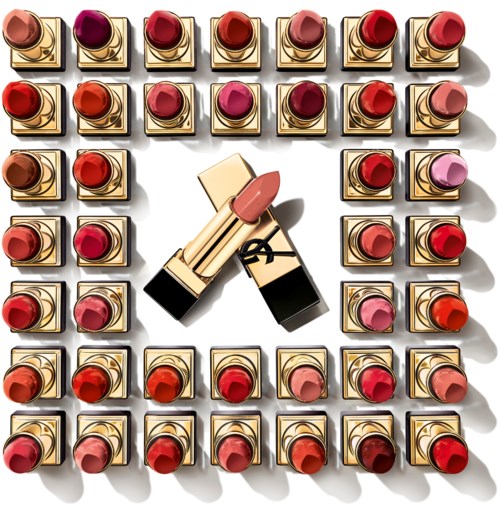 A logo made from many lipstick tubes arranged in a square, with two lipsticks crossing in the center.
