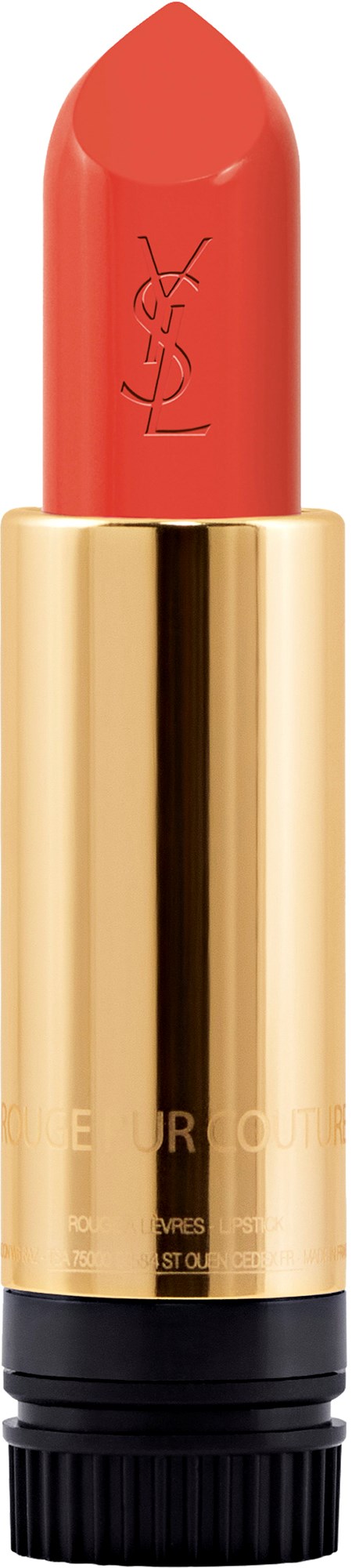 En röd läppstift med ett guldhölje, YSL-loggan är synlig på läppstiftsfodralet. Bakgrunden är svart.