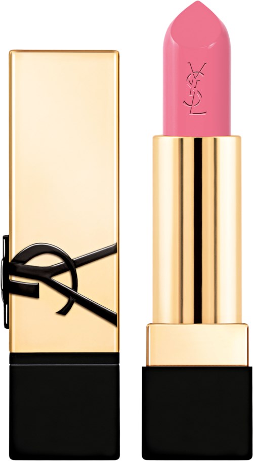 Ein rosa Lippenstift in einer glänzenden goldenen Hülse mit schwarzen Akzenten. Er ist leicht geöffnet, zeigt die Farbe.
