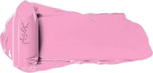 Rosa Lippenstift und ein Strich rosa Lippenstift auf einer Oberfläche. Der Lippenstift hat ein Logo.