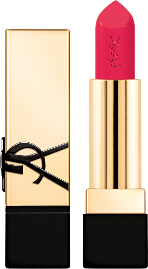 A lipstick in a gold and black case, with bright pink color showing. The lipstick has the brand YSL written on it.