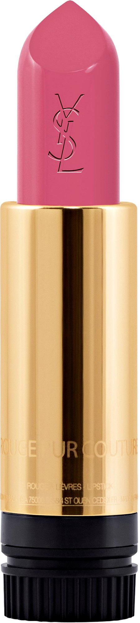Een roze lippenstift in een gouden buis met zwarte onderkant. YSL-logo is zichtbaar op de lippenstift.