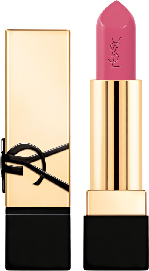 A gold and black lipstick case next to a pink lipstick with Yves Saint Laurent logo.