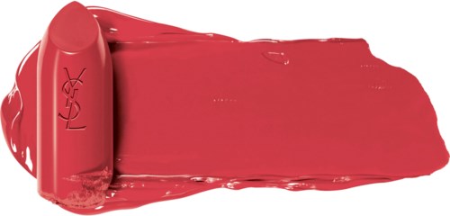 A lipstick labeled Fenty with a swatch of pinkish-red color spread out.