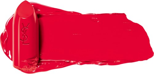 A red lipstick tube with lipstick and a long streak of red lipstick spread across a white background.
