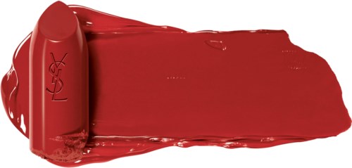 Roter Lippenstift ist gezeigt, mit einem großen Streifen der Lippenstiftfarbe daneben.