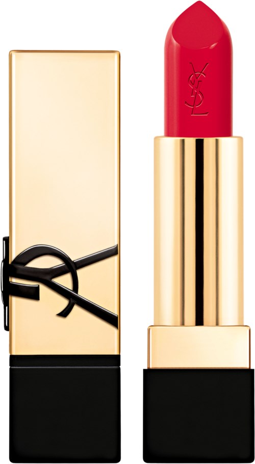 A gold and black lipstick tube with red lipstick and a large YSL logo on the lipstick.
