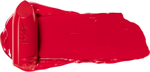 A lipstick swatch in bright red with the YSL logo on the side.