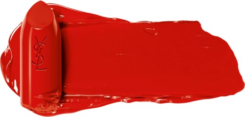 Ein leuchtend roter Lippenstift mit glatter Textur, teilweise auf eine Oberfläche aufgetragen.