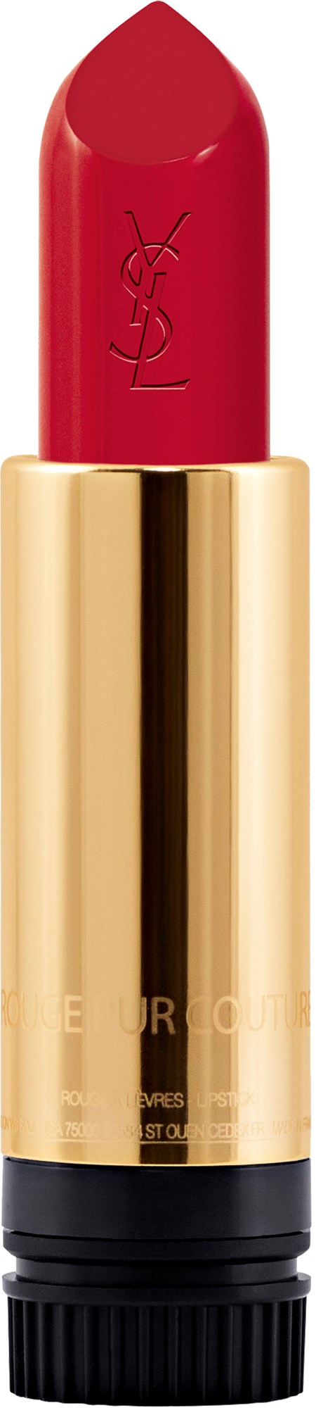 Een rode lippenstift in een gouden en zwarte tube met YSL-logo.