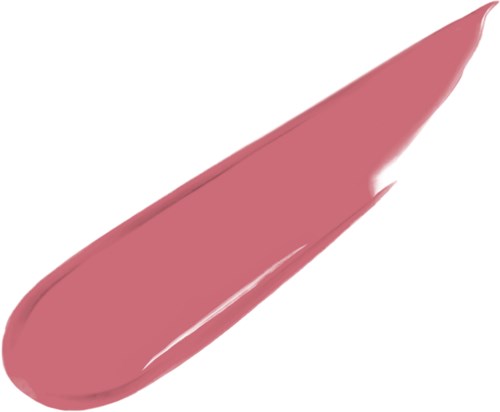 Ett sminkstreck av rosa läppstift på en vit bakgrund.