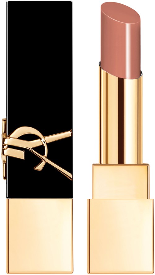 En guldig läppstiftsrör med rosa läppstift och svart och guld förpackning.