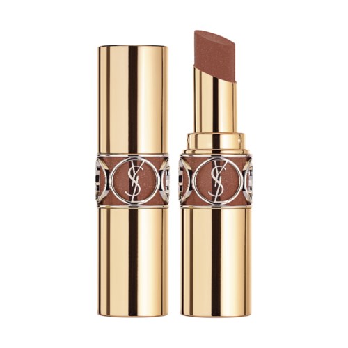Ett lyxigt läppstift i ett guldomhölje med YSL-logga, visar läppstiftet utdraget.