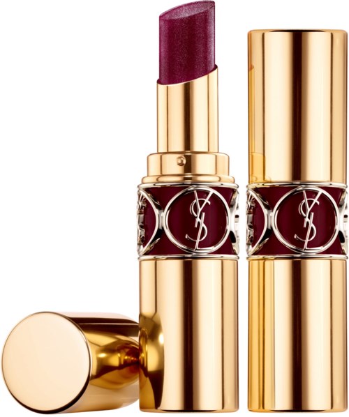 Två YSL läppstift, ett med lila nyans, i gulkapsling med logoband. Ett är öppet, det andra stängt.