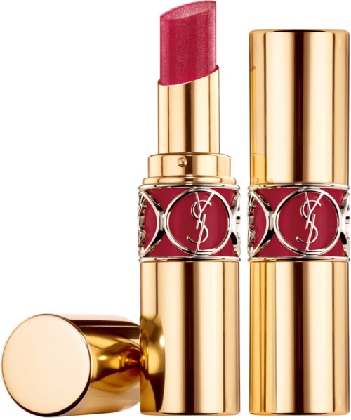 Två Yves Saint Laurent läppstift med guldförpackningar, en öppen visar rosa läppstift, och den andra stängd.