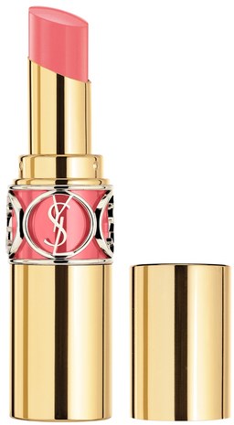 Ett rosa läppstift med ett gult fodral och öppet lock, visar den kurviga läppstiftstickan.