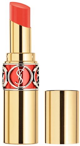 En röd läppstift med guldcylinder och svart YSL-logga, utan lock, visar läppstiftet.