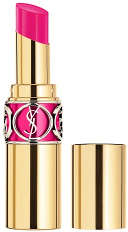 Ett rosa läppstift med guldtub och svart- och rosa logotyp på bandet.