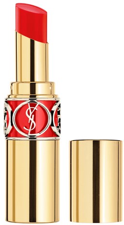 Ett läppstift i ett guldfodral med röd läppstift och svart-guld YSL-logo.