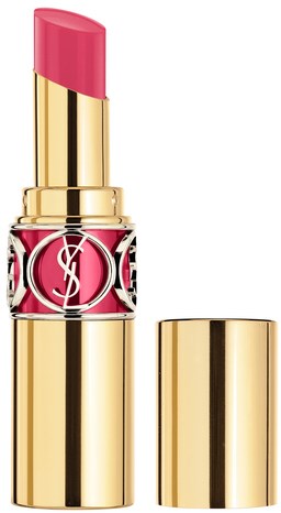 En läppstift med rosa nyans i ett guld- och svart fodral, med locket avlägsnat.