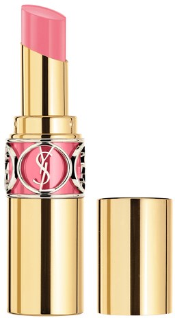 En rosa läppstift med ett guld- och rosafodral, locket är av, visar läppstiftet redo att användas.
