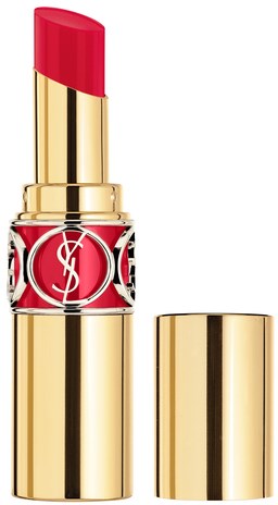 Guld- och röd läppstift i ett guldhölje med YSL-logotyp på etiketten.
