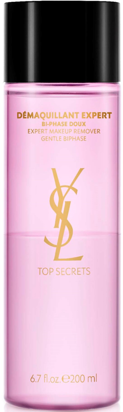 Een roze fles met zwarte dop van Yves Saint Laurent, gelabeld als een zachte make-up remover voor experts.