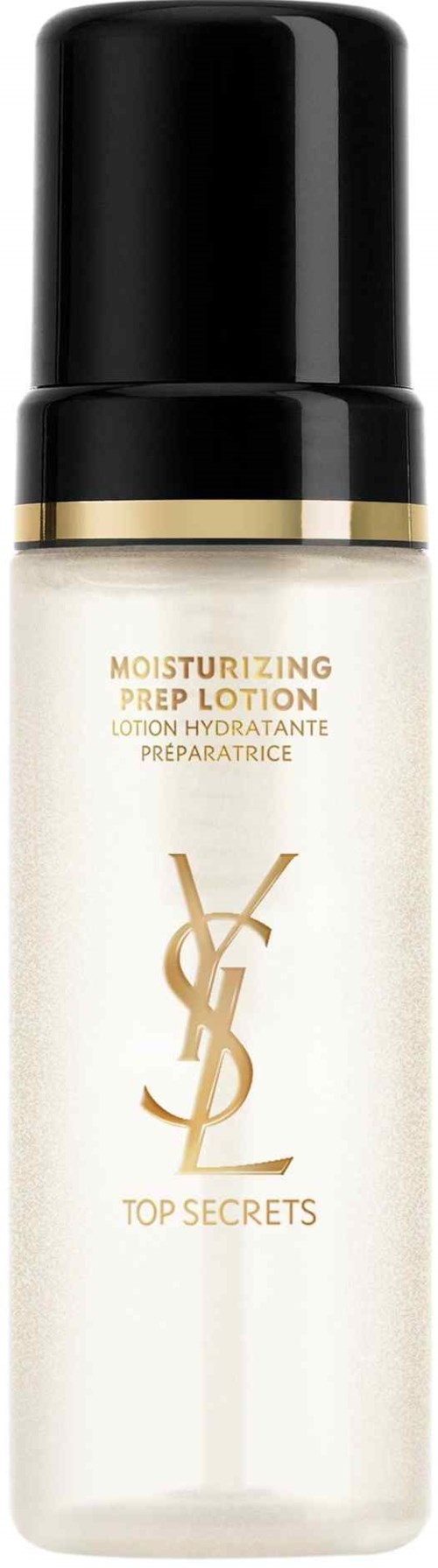 En liten vit flaska med svart lock, guldlinje och YSL-logotyp, märkt som fuktgivande förberedelselotion och Top Secrets.
