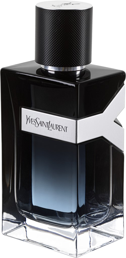 A black perfume bottle with a white band and Yves Saint Laurent logo, topped with a black cap.