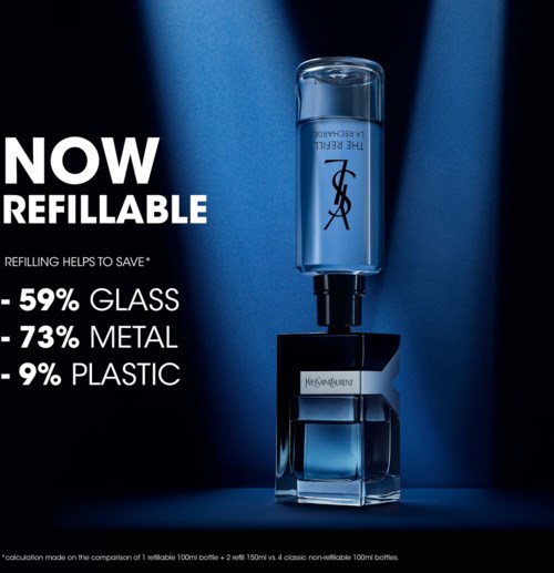 En parfyllflaska med ett meddelande om att den är påfyllbar och hjälper miljön, visar procentandelar av glas, metall och plast.