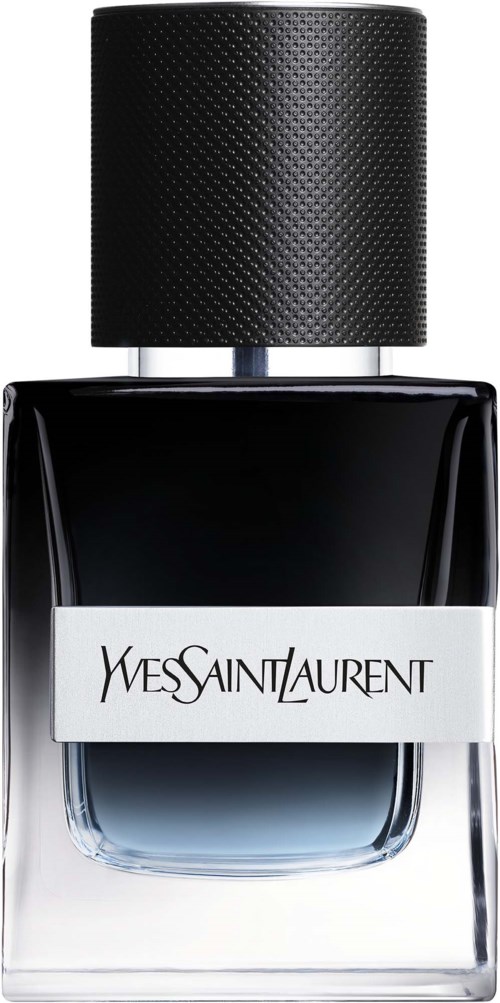 A black perfume bottle with a textured cap and a white label that says Yves Saint Laurent.