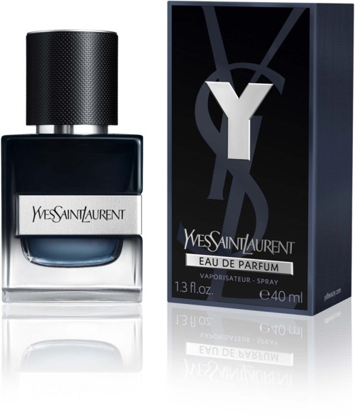 Yves Saint Laurent perfume bottle and box, black and silver design, with YSL logo and text, 40 ml size.