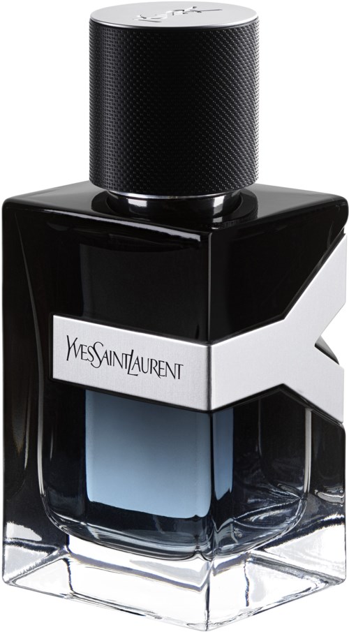 Eine schwarze und klare Parfümflasche mit rundem schwarzen Deckel, Beschriftung 'Yves Saint Laurent'.
