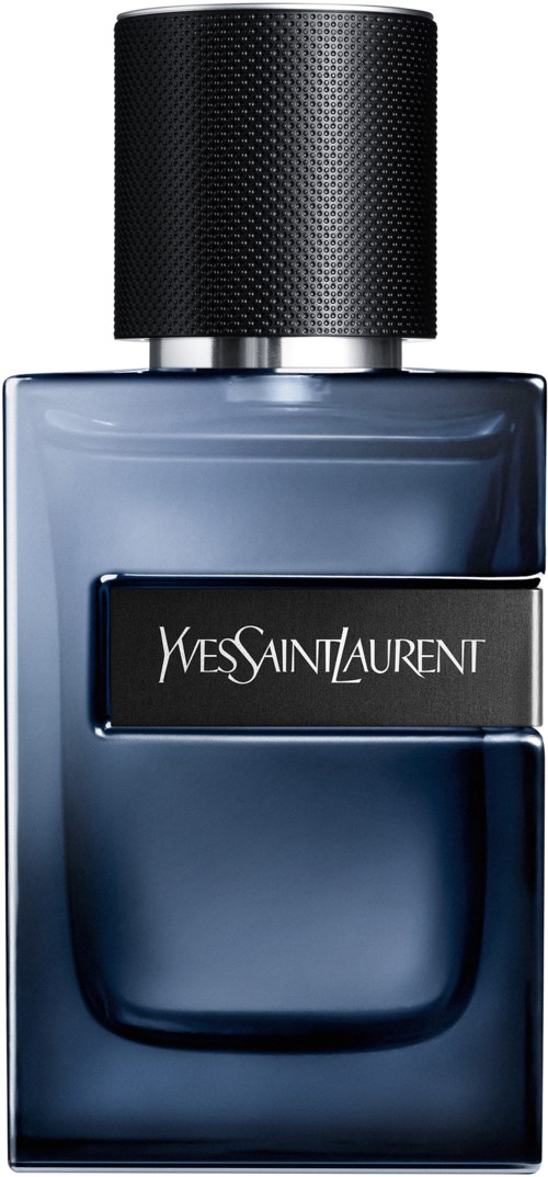 Een blauwe parfumfles met een zwart getextureerde dop en een label dat Yves Saint Laurent zegt.