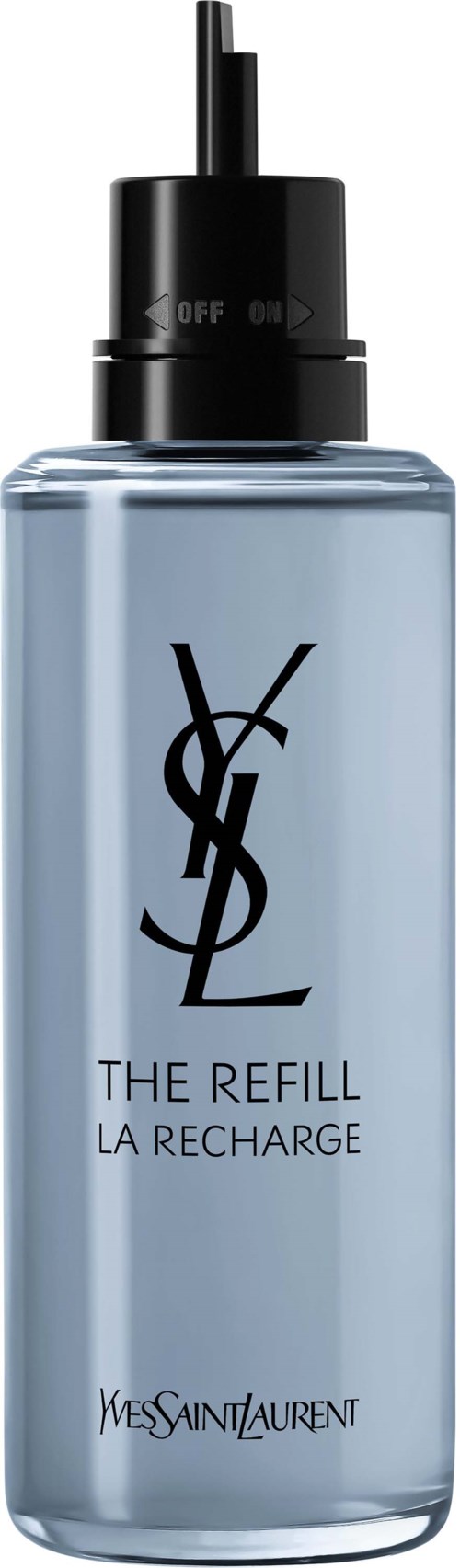 Flaska med Yves Saint Laurent makevuet sett spray med svart lock och klart flytande inuti.